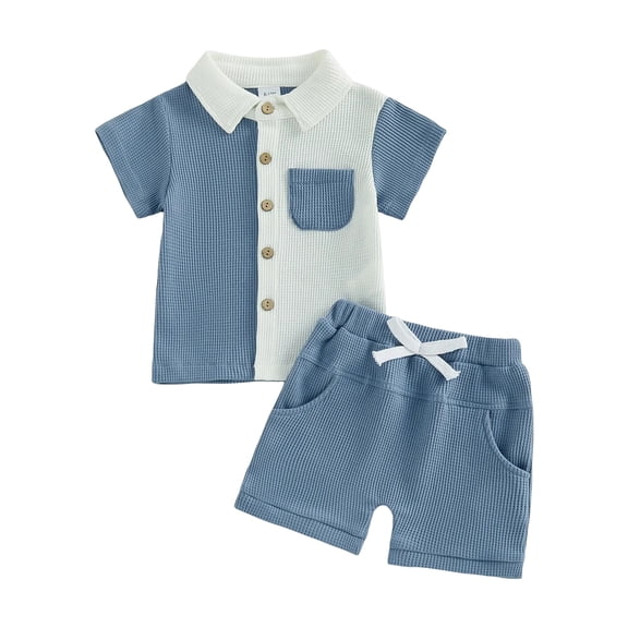 Quealent Boys 2 Piece Outfit Set Summer Button Down Shirt with Pocket and Elastic Waist Shorts Short Sets Beach Vacation Clothes for Kid (Blue, 3-4 Years)