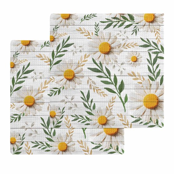 Spring Daisy Kitchen Dish Towels for Drying Dishes Set of 2, Farmhouse Country Flower Leaf Plant Wood Grain Waffle Weave Microfiber Hand Tea Bathroom Towels Quick Dry & Absorbent Towel 12x12