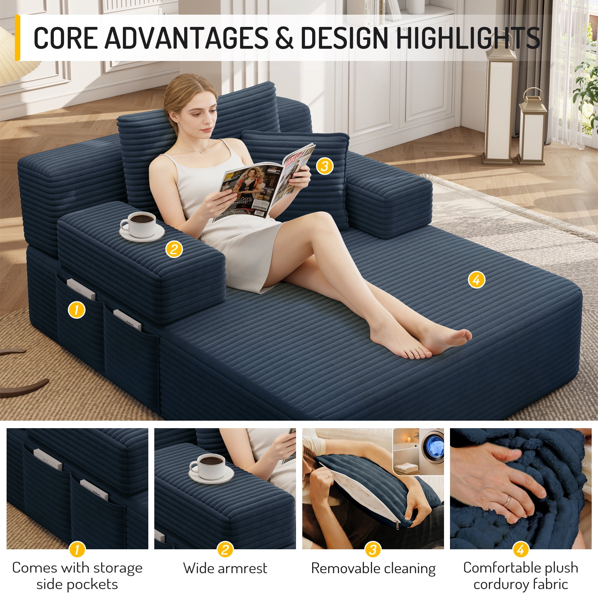 Anpport 60.2" Plush Corduroy Chaise Lounge, Frameless Convertible Sleeper Sofa Bed with Storage Pockets, 3 Soft Pillows, No Assembly, Blue