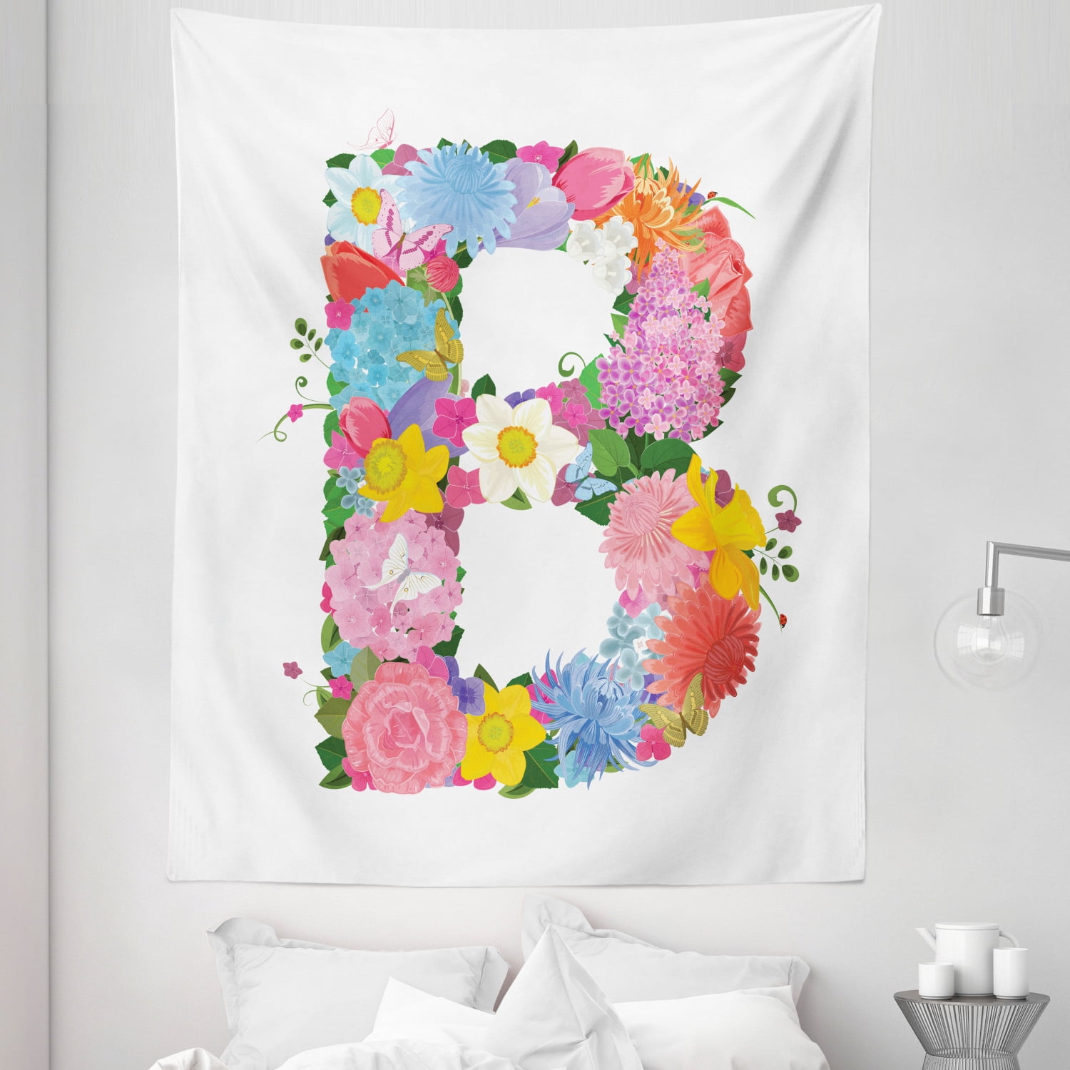Letter B Tapestry, Romantic ABC Sign with Fresh Spring Blossoms