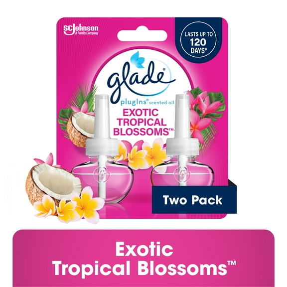 Glade PlugIns Scented Oil 2 Refills, Air Freshener, Exotic Tropical Blossoms, Essential Oil Infused Wall Plug In, 1.34 FL oz, pack of 2