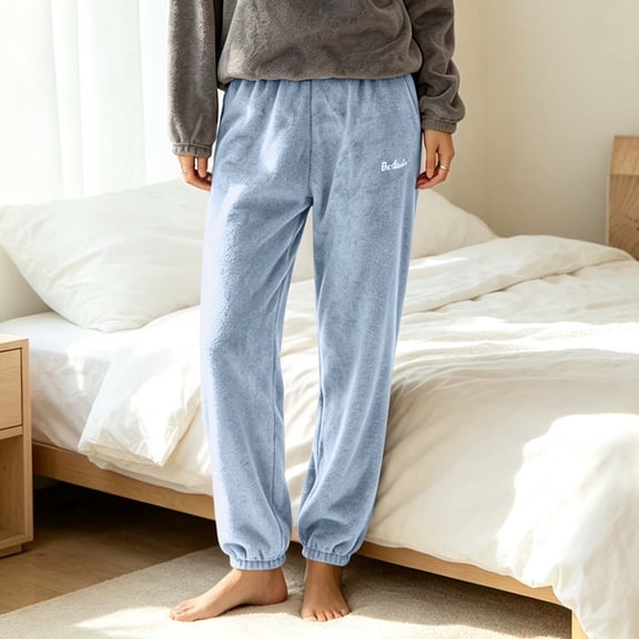 Ohufall Women's Pajama Pants Cozy Fleece Cuffed Elastic Waist Pant Soft Lounge Sleepwear for Winter