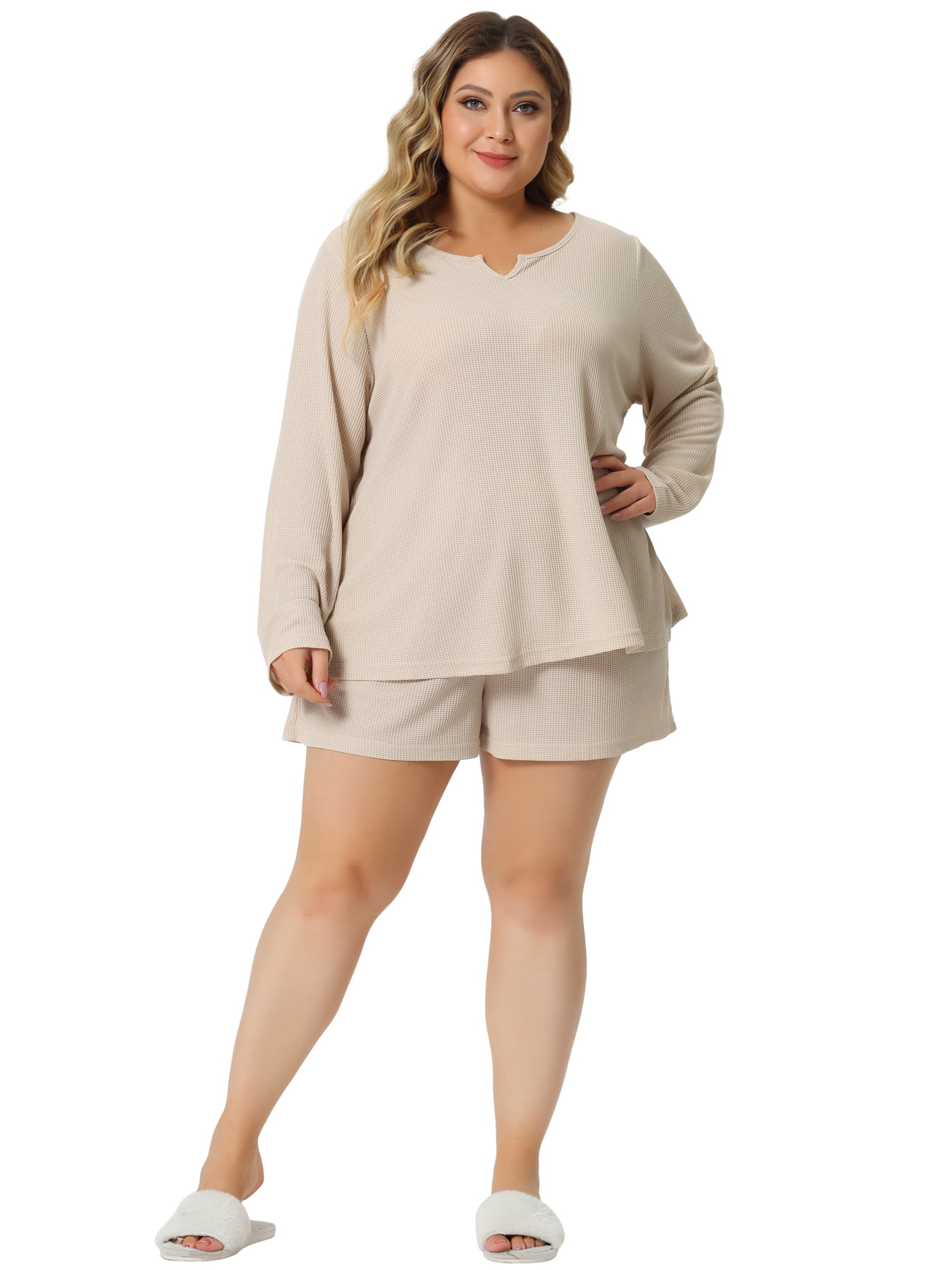 DARING DIVA Women's Plus Size 2 Piece Long Sleeve Pajama Sweatsuits Sets 4X Beige