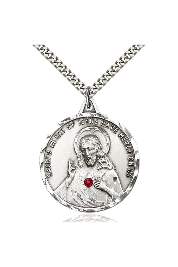 Sterling Silver Scapular Pendant with 3mm July Red Swarovski Crystal 1 3/8 x 1 1/4 inches with Heavy Curb Chain