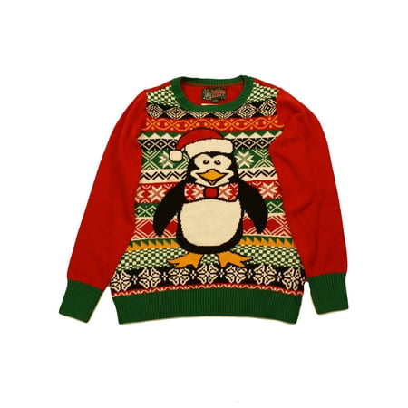 Penguin Jersey Sweater - Ugly Christmas Sweater Women's Penguin Santa Hat LED Light Up Sweatshirt