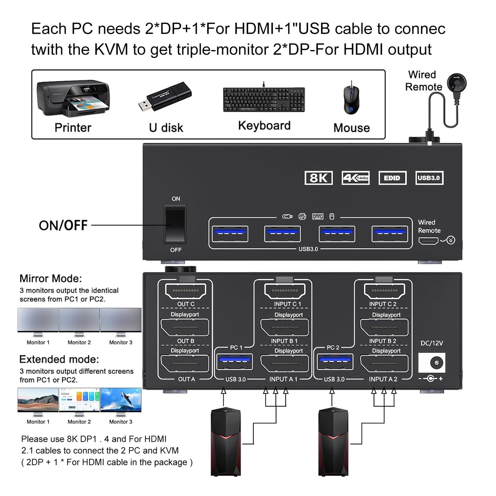 USB 3.0 KVM Switcher 2 Input 3 Output 3 Monitors 2 Computers Switch Support 8K@30Hz 4K@144Hz USB 3.0 Displayport For 2 PC Share