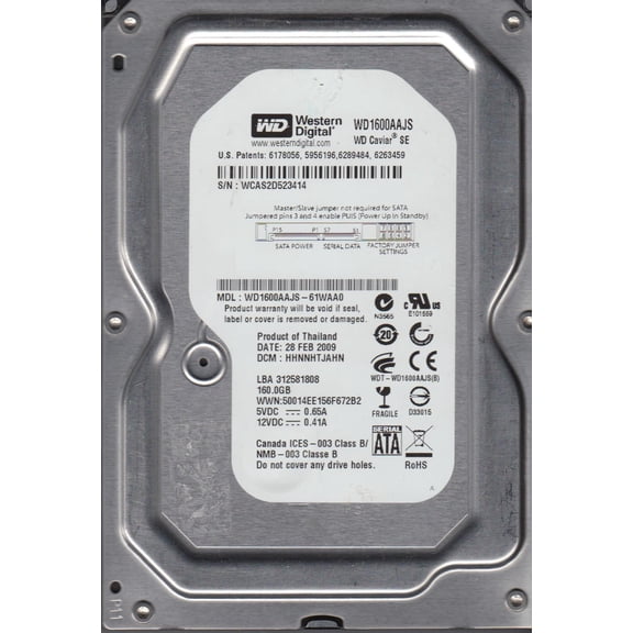 WD1600AAJS-61WAA0, DCM HHNNHTJAHN, Western Digital 160GB SATA 3.5 Hard Drive