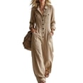 thumbnail image 2 of WULMLEO Wide Leg Romper for Women Cotton Linen Workout V Neck Button Front Long Sleeve One Piece Jumpsuits Casual Plus Size Loose Fit Beach Overall with Multi Pockets Khaki M, 2 of 7