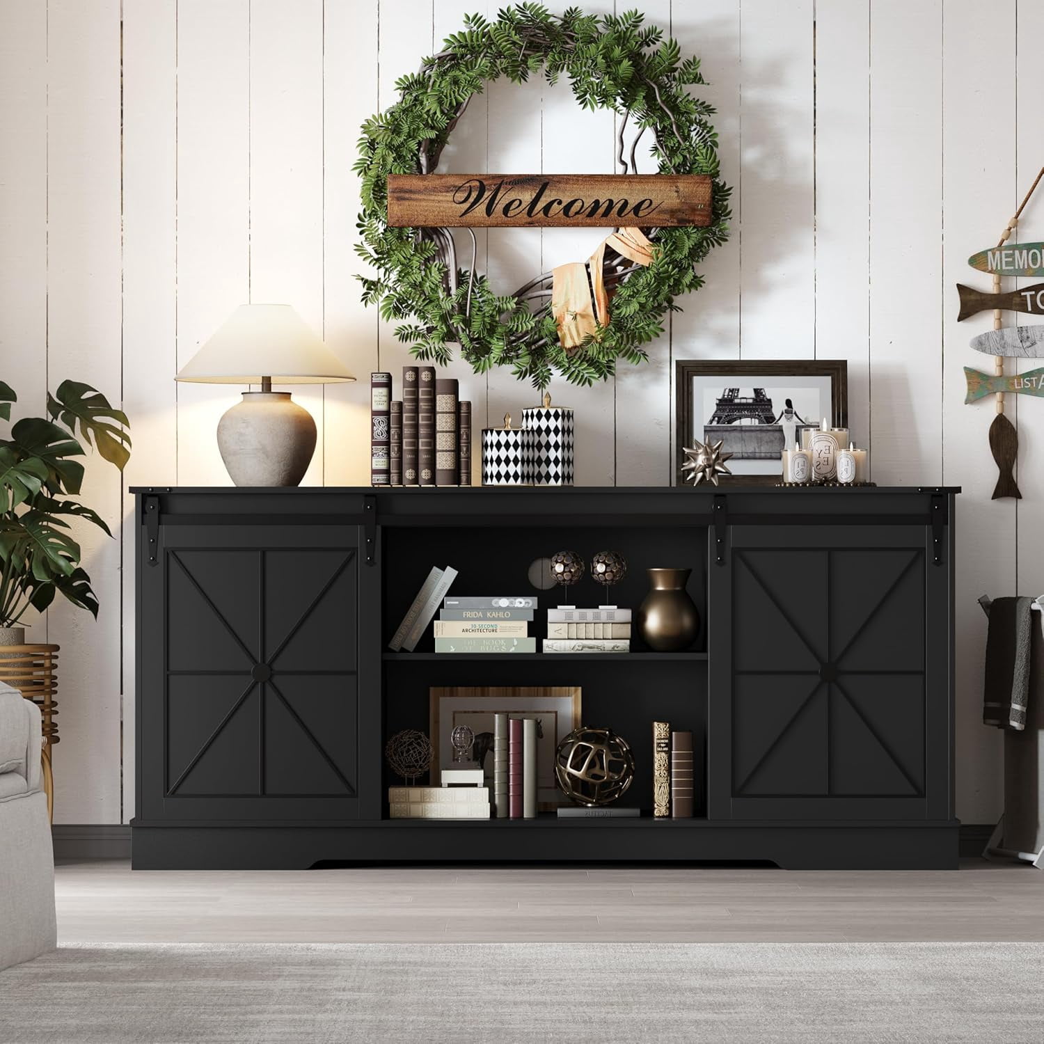 FANRAL Farmhouse TV Stand with Sliding Barn Doors,Rustic Entertainment Center for 65 Inch TV,Media Console with Storage Cabinets & Cable Holes for Living Room,Black TV Stand