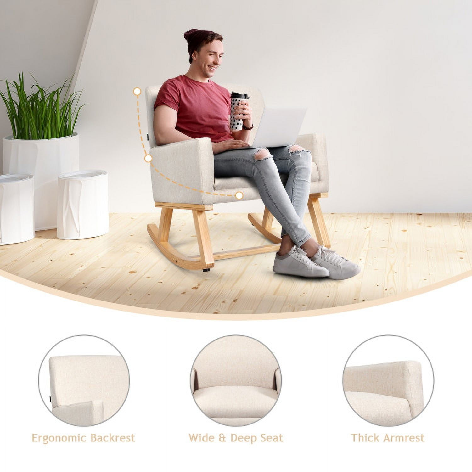 Resenkos Rocking Chair Nursery Glider, Comfy Rocker Nursery Chair, Upholstered Rocking Chair with and Solid Wood Base-Beige
