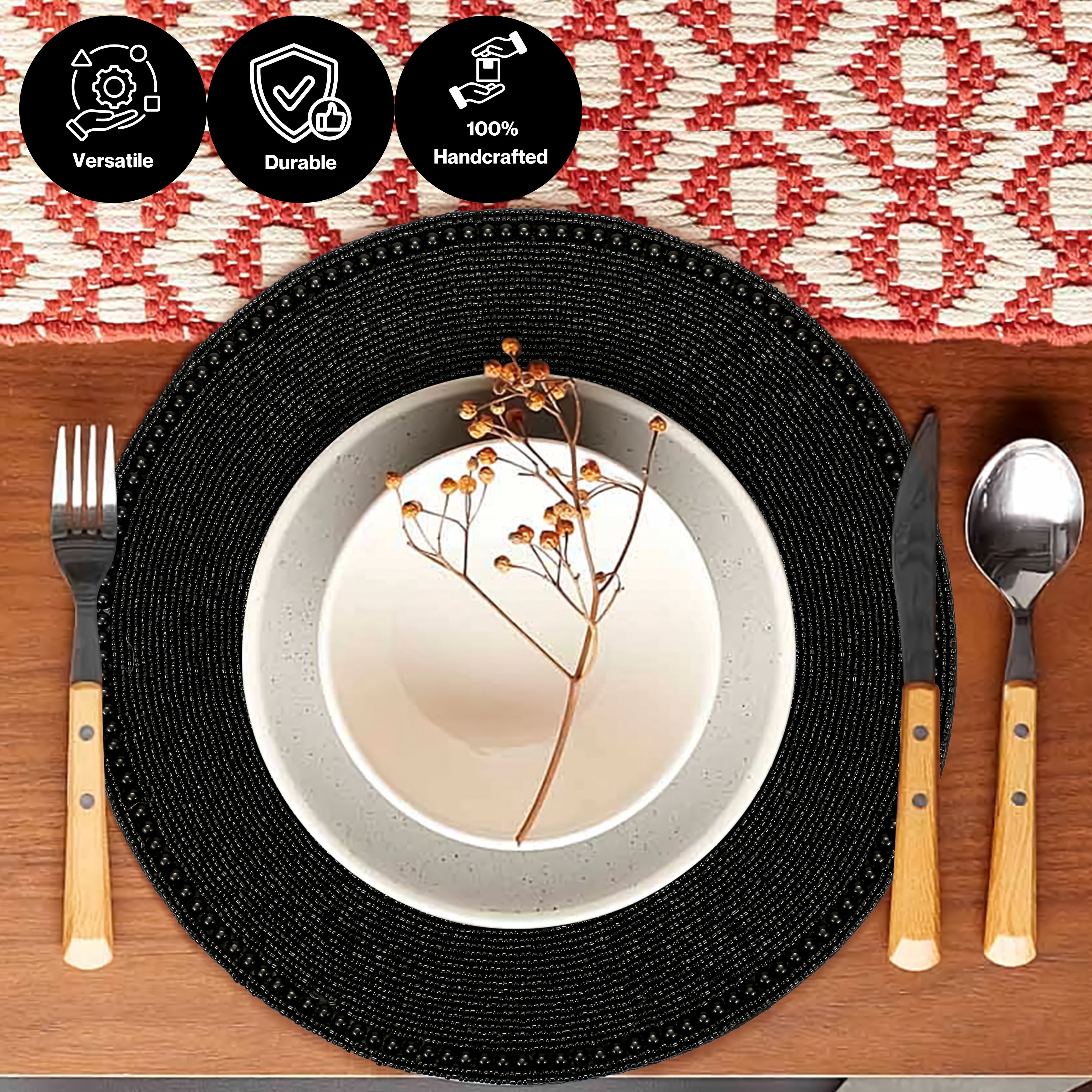 Pack of 1 Handcrafted Glass Beaded Placemats - Elegant Round Table Mats for Dining Décor (Jet Black)
