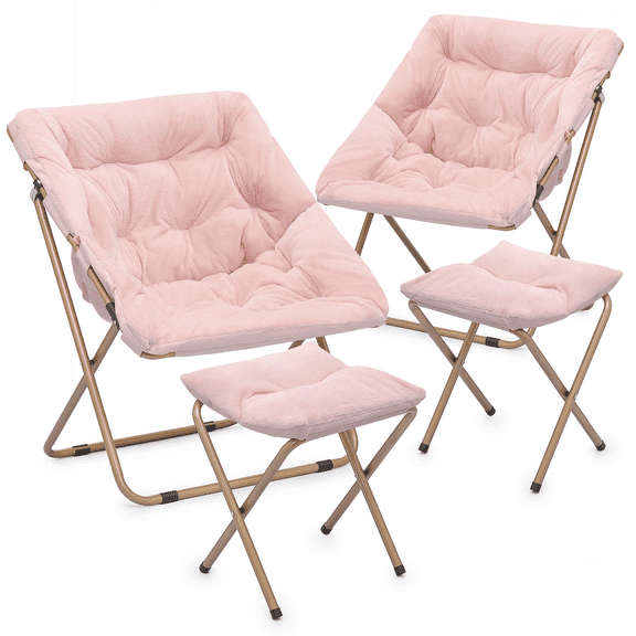 Set of 2 Folding Saucer Chair with Ottoman, Faux Fur Moon Chair and Footrest with Metal Frame, Foldable Lounge Chair and Foot Stool Set, Light Pink