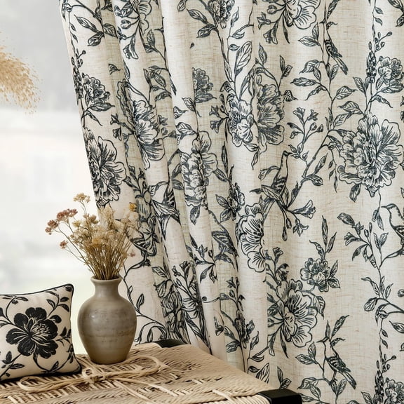 Floral Sheer Curtains 84 Inch Length, Black Peony Linen Drapes | Tab & Rod Pocket Neutral Light Filtering Elegant Window Curtains for Living Room Bedroom, Set of 2 Panels