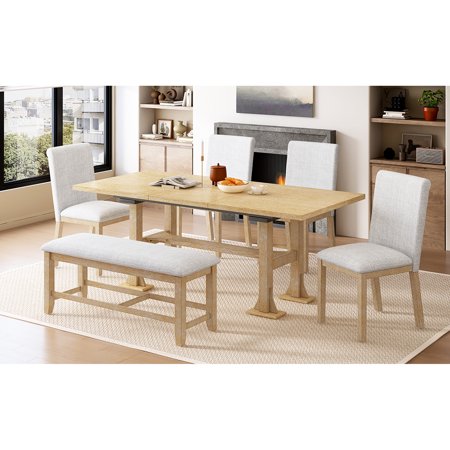 6 Extendable Dining With Removable 18inch Leaf Upholstered Chairs And Bench Solid Wood Frame Natural Table For 6 People Glow