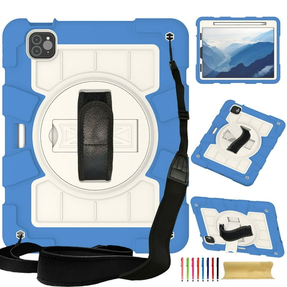 Case for iPad Pro 11 2022/2021/2020/2018, Heavy Duty Kids Case with Kickstand & Pencil Holder & 360 Rotating Hand Strap & Crossbody Strap Case Cover for iPad Air 4/Air 5 - Skyblue