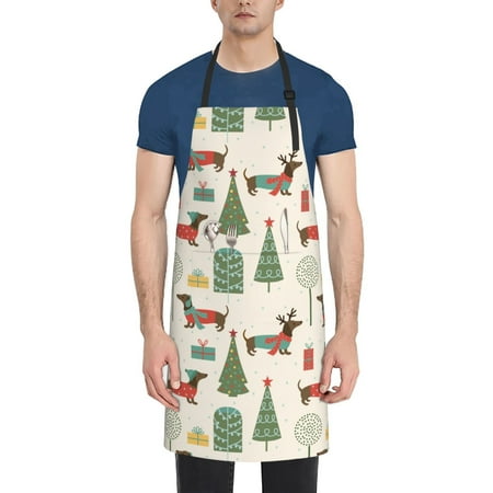 

Vsdgher Christmas Dachshund Dog Waterproof Apron with 2 Pockets Kitchen Chef Aprons Bibs for Grooming Cooking Baking Painting Gardening