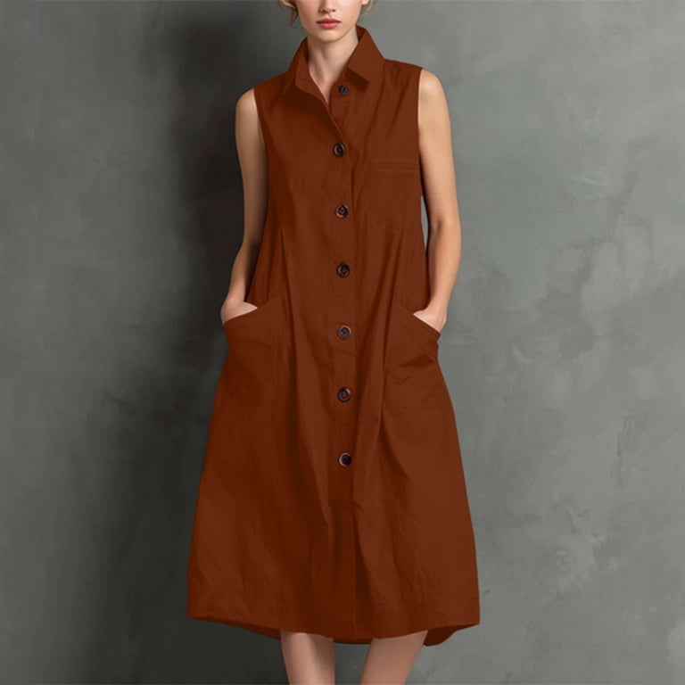 HBBIKVI Patch Pocket Shirt Dress for Women Summer Off-Shoulder Sleeveless Midi Dress with Collared Neckline,Full Button Front,and Relaxed Fit for Daily Wear