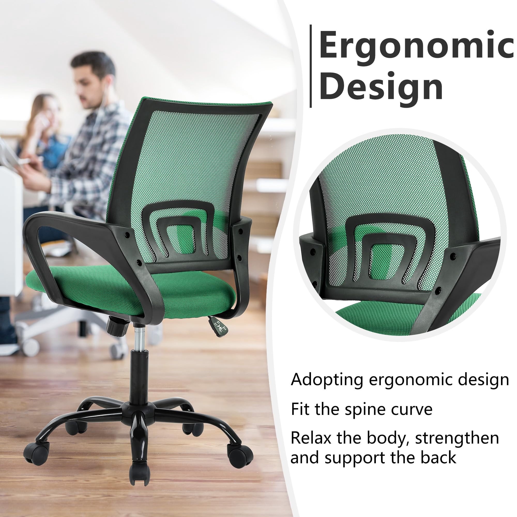 PayLessHere Ergonomic Chair , Adjustable Home Office Chair , Lumbar Support ,Swivel Rolling , Green
