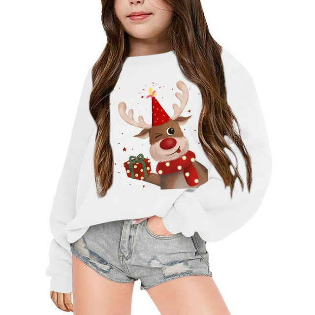 TBWNWG Pyjamas de Noël pour Filles, Chandail à Capuche Col Rond Manches Longues Imprimé de Noël Confortable et Chaud pour Temps Froid, Tailles 6-7 Ans