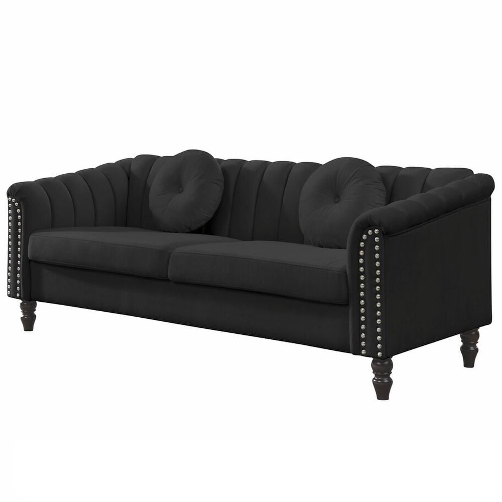 Gewnee Chesterfield Velvet Sofa Couch with Nailhead Trim and 2 Pillows for Living Room,Black
