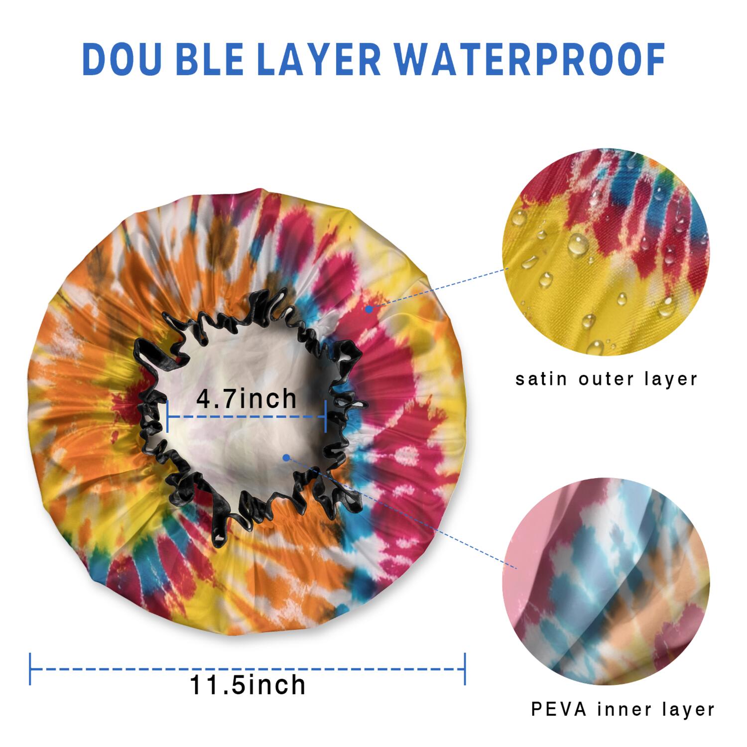 Shower Caps,Colorful Tie Dye Pattern Waterproof Shower Cap for Women 4 Pieces,Double Reusable Hair Cover for Shower PEVA Elastic Stretch Hem