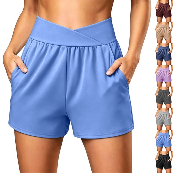 Asxite Womens Shorts Running Workout Overlap High Waisted Pockets Breathable Stretchy Summer