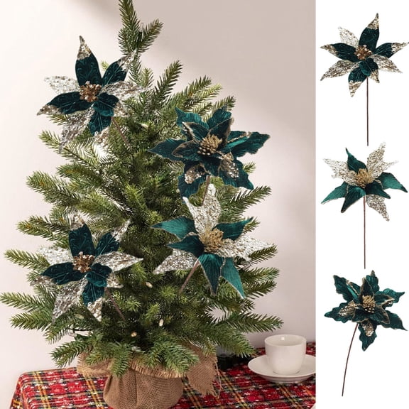 Moocorvic Glitter Christmas Poinsettia Flower, Dark Green Velvet Artificial Flower for Home Decor