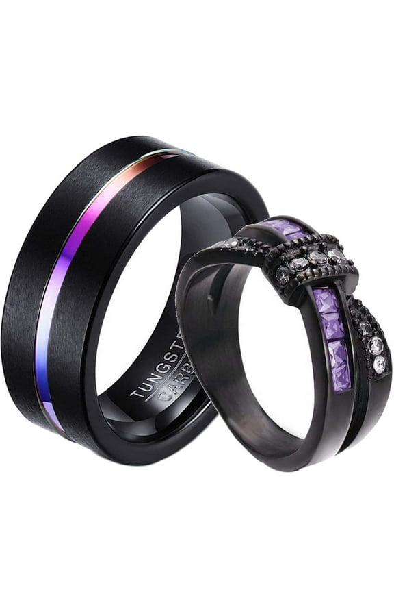 Matching Rings Couple Ring Black Gold Plated 1CT Purple CZ Women Wedding Ring Set