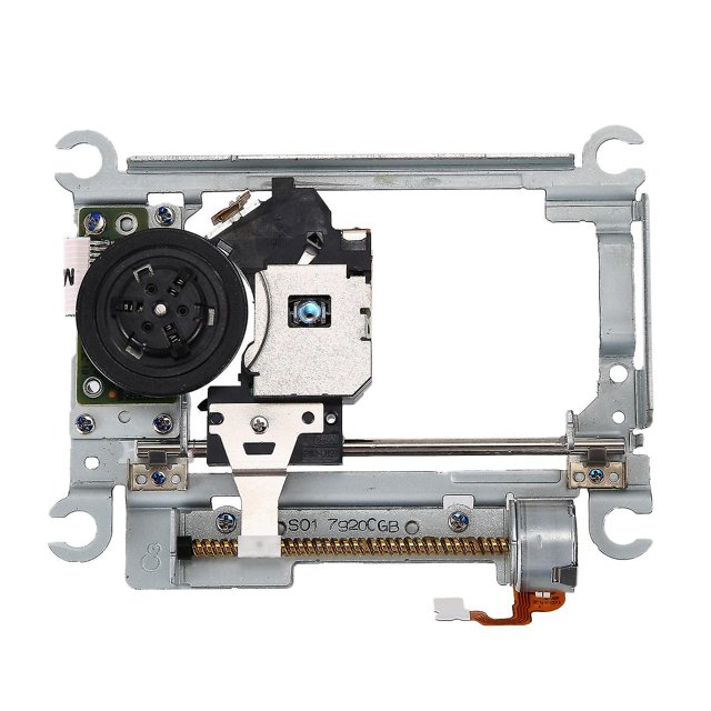lente láser de 182w con mecanismo de puente para ps2 slim/sony/playstation 2, vista frontal del conjunto TDP-182W en marco metálico; lente óptica cuadrada visible, rieles de guía, engranaje helicoidal, motor con cable flexible naranja y soportes plateados y negros, compatible con PS2 modelo 77000 y indicado para problemas de lectura de discos. A menudo se utiliza también en reparaciones retro de consolas de colección.