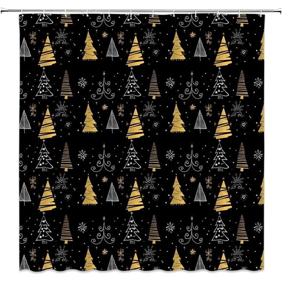 Rideau de Douche Arbre de Noël Joyeux Noël Abstrait Arbre de Noël Étoile Flocon de Neige Créatif Rayé Vintage Rustique Hiver Vacances Noir Or Décoration de Salle de Bain Tissu Rideau avec Crochets