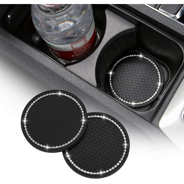 2 Pack Bling Car Cup Holder Coaster, 2.75 Inch Soft Bling Crystal Rhinestone Rubber Pad Set Round Auto Cup Holder Insert Drink Coaster Car Interior Accessories, Black