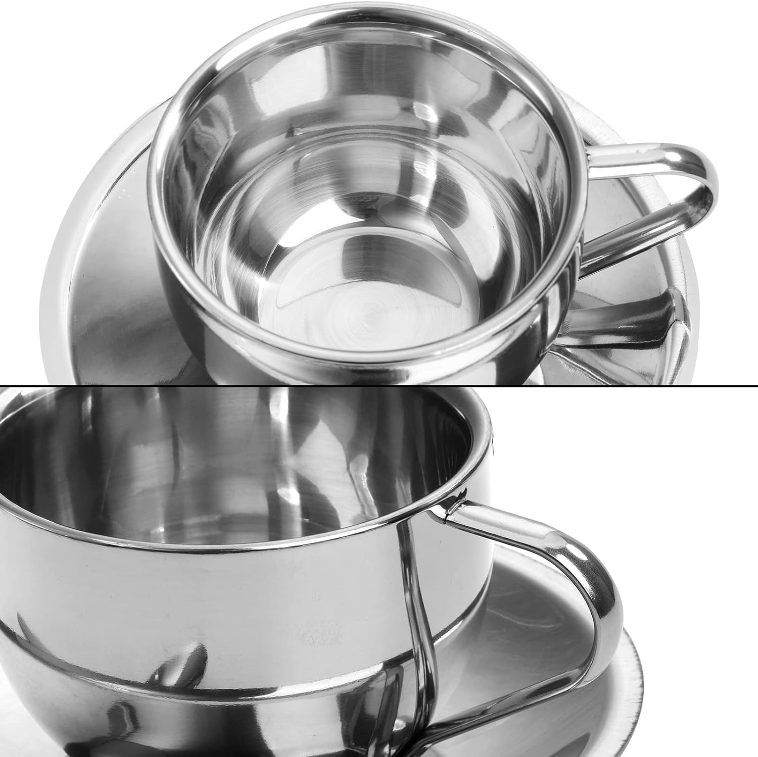 4 Pack Stainless Steel Coffee Cup Set, 6 Oz Coffee Mugs with Spoon and Saucer, Double Walled Espresso Cups Mugs for Coffee, Latte,Tea, Milk