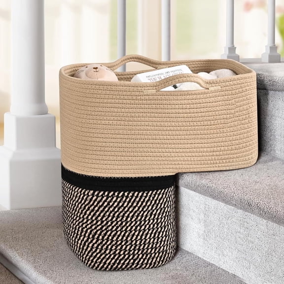 Natubeau Woven Stair Basket, Carpeted Stairs Storage Basket with Handles, Stair Baskets for Wooden Stairs, Staircase Baskets for Toys, Books, Black&Brown, 15"L x 10"W x 15"H