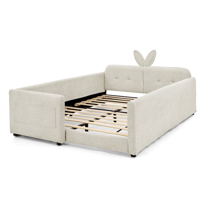 Full Size Upholstered Platform Bed with Rabbit Ear Shaped Headboard, Boucle Fabric Kids Bed with Side Pockets and Safety Guardrail, Space-Saving Corner Bed for Girls, Boys, Teenager
