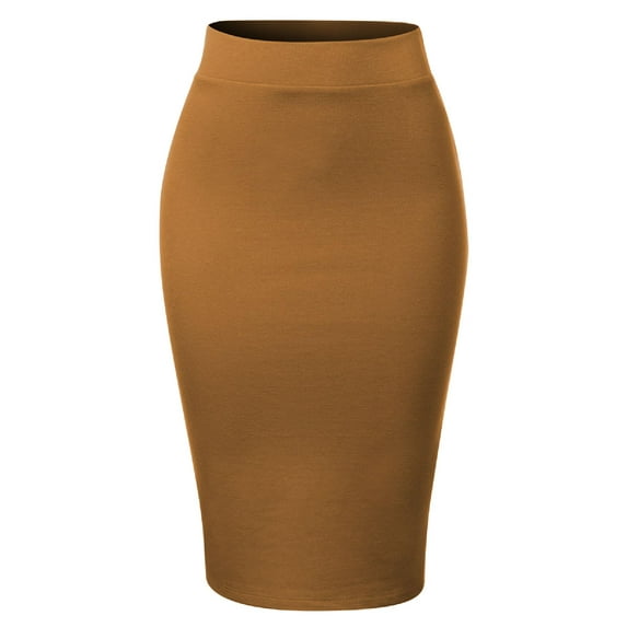 MixMatchy Women's Waist Band Midi Stretchy Ponte Basic Knee Pencil Skirt