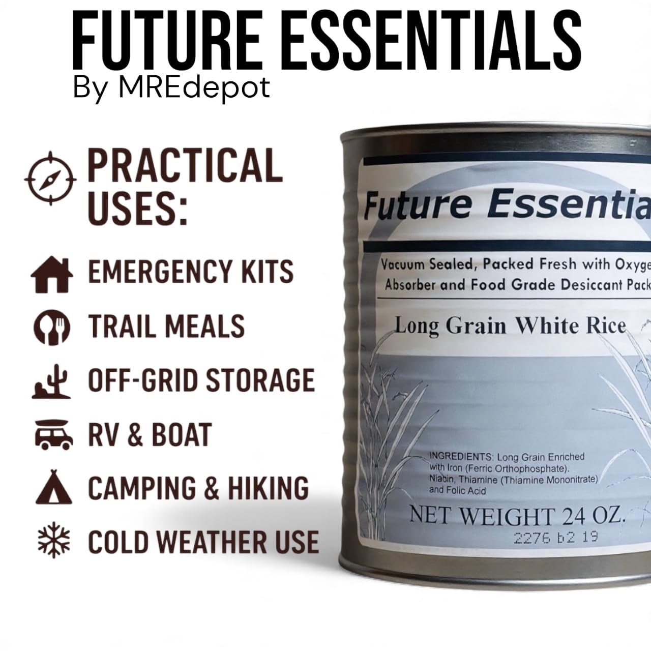 Future Essentials Long Grain White Rice 6 Pack (#2.5 Cans, 24 oz Each) – 25 Year Shelf Life Emergency Food, USA Grown Vacuum-Sealed Rice for Long-Term Storage & Preparedness