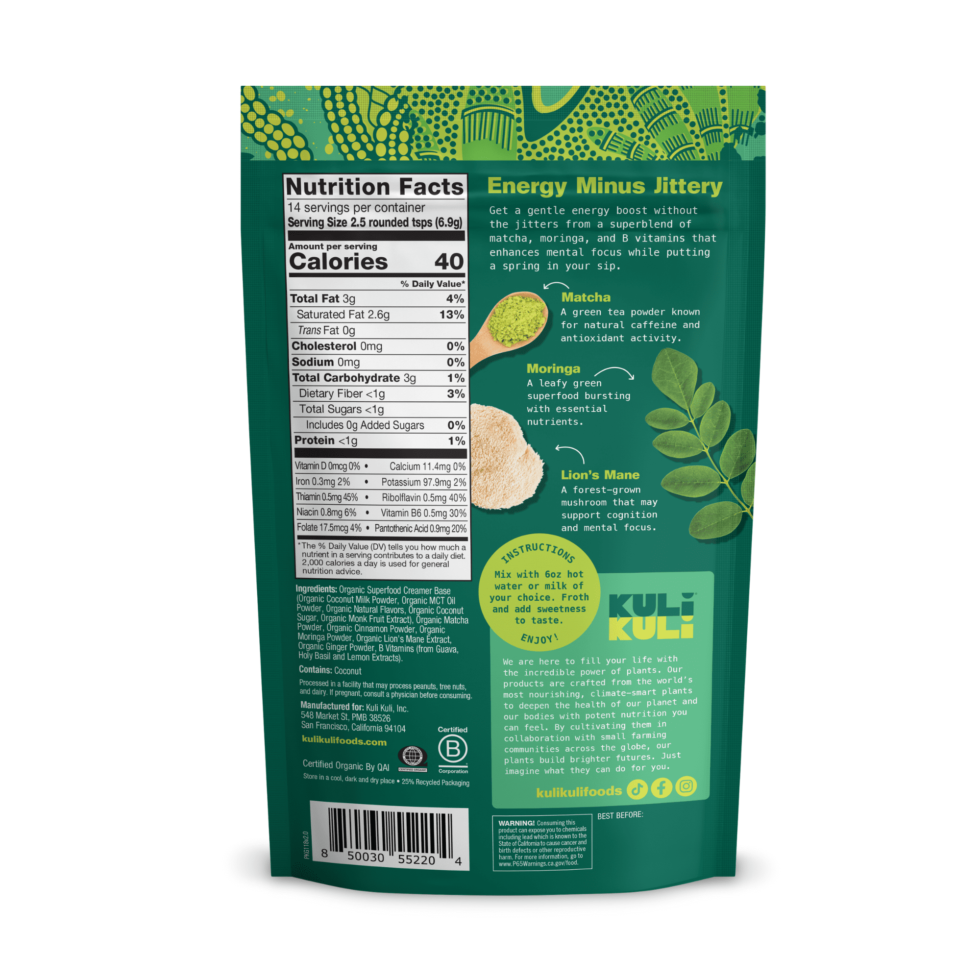 (6 pack) Kuli Kuli Organic Matcha Moringa Superfood Latte with Lion's Mane, Low-Caffeine Coffee Alternative, 3.41 oz