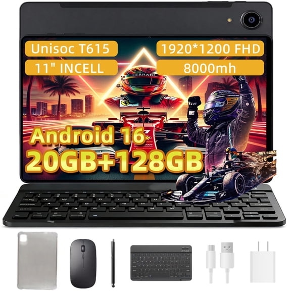 11-Inch Android 16 Tablet with Keyboard,Gemini AI,128GB ROM,20GB RAM,2TB Expandable,T615 Octa-Core,1920 x 1200 FHD,8000mAh