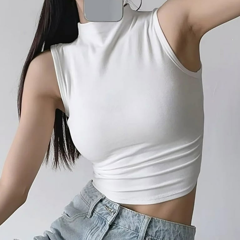 Jewelreauty Cotton Tank Top Women Slim Fit Turtleneck Sleeveless