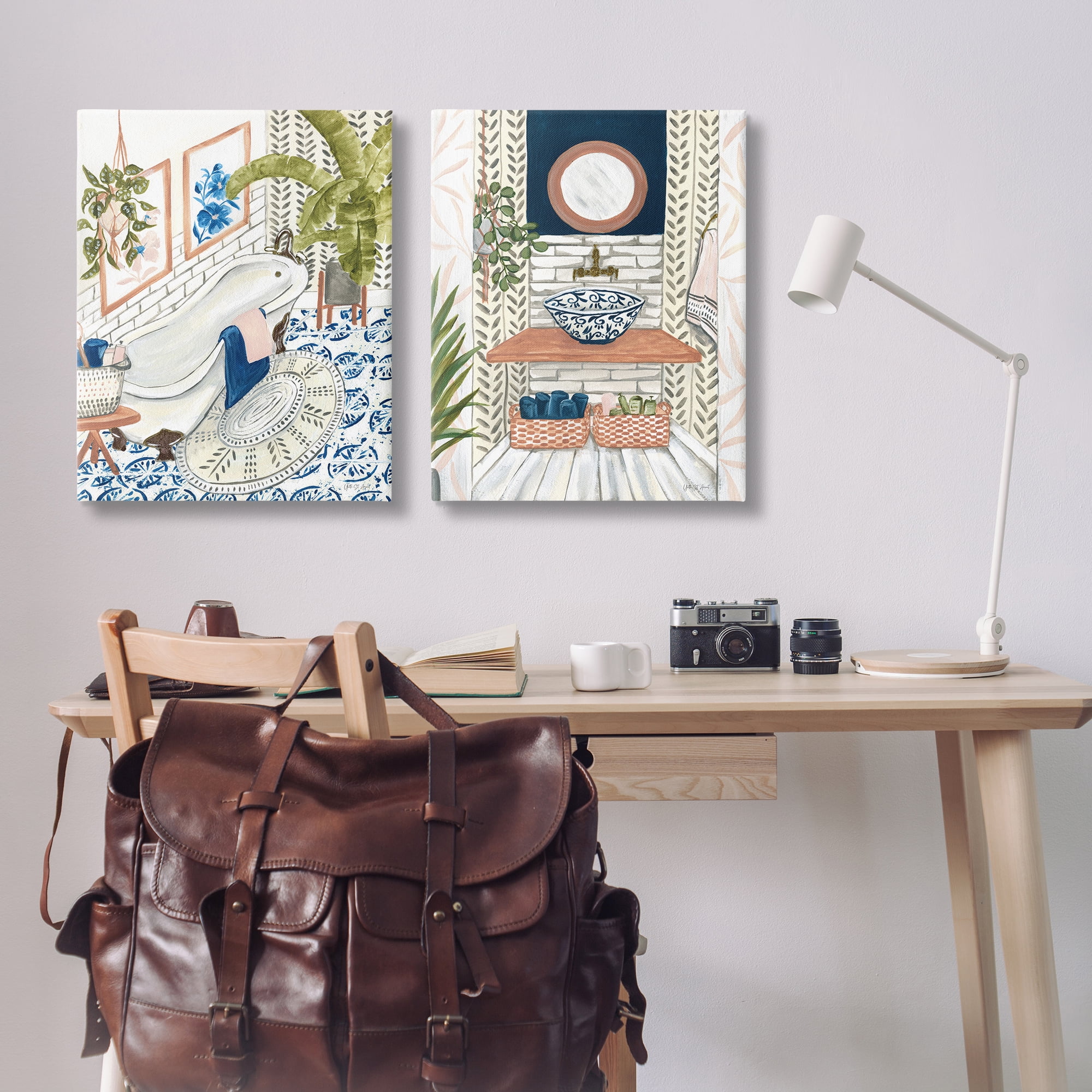 Stupell Industries Boho Chic Bathroom Bath & Laundry Painting Wrapped Canvas Art Print Wall Art, 24 x 30, Set of 2