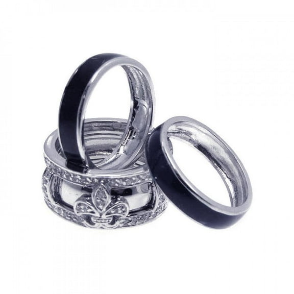 Sterling Silver 925 Rhodium Plated Fleur De Lis Black Enamel Ring White Cubic Zirconia Female Size 7