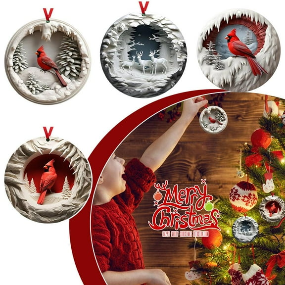 Clerance! PawCasa Cardinal Bird Ornament Winter Scene Acrylic Christmas Tree Decoration