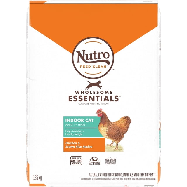 Nutro Essentiels Sains pour Chats Adultes d'Intérieur au Poulet et au Riz Brun, Nourriture Sèche pour Chats, Sac de 6,35 kg