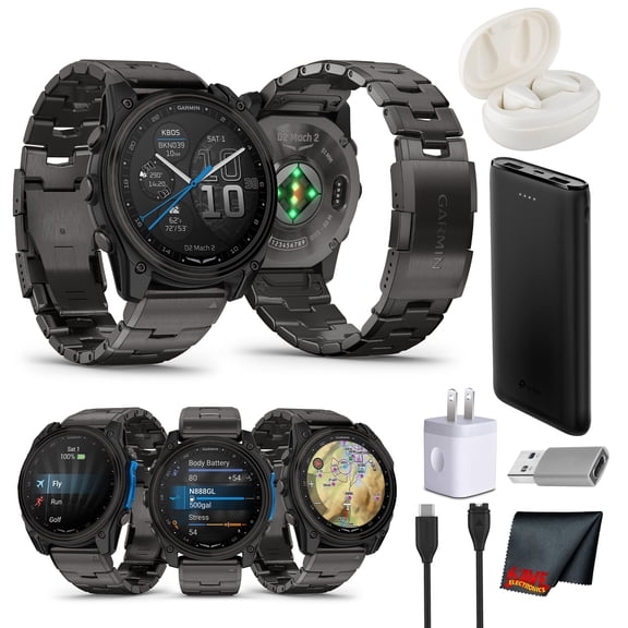 Garmin D2 Mach 2 51mm Aviator Smartwatch with AMOLED Display, GPS Aviation Moving Map, Built-In Flashlight, Sapphire Lens, Carbon Gray DLC Titanium Bracelet Bundle