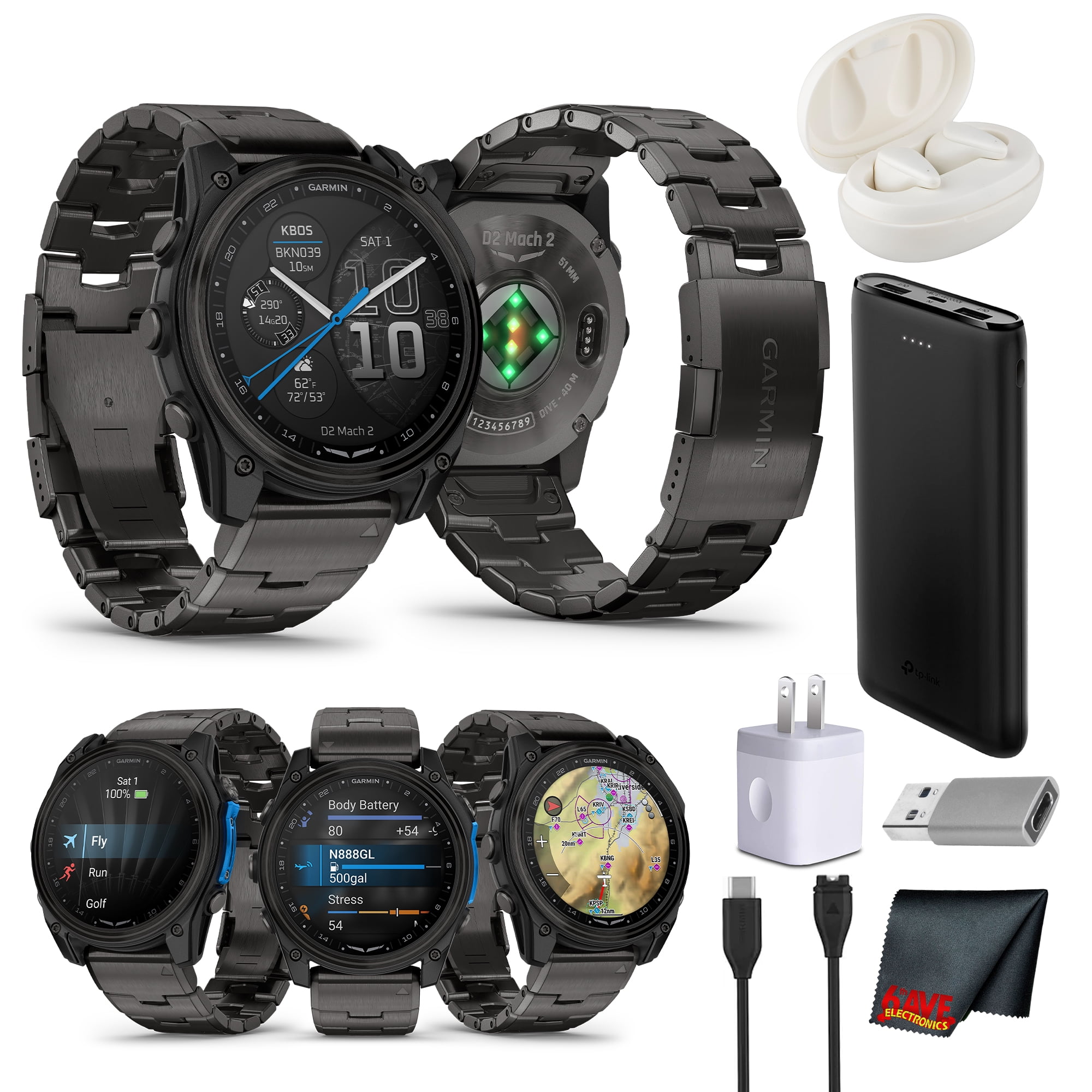 Garmin D2 Mach 2 51mm Aviator Smartwatch with AMOLED Display, GPS Aviation Moving Map, Built-In Flashlight, Sapphire Lens, Carbon Gray DLC Titanium Bracelet Bundle