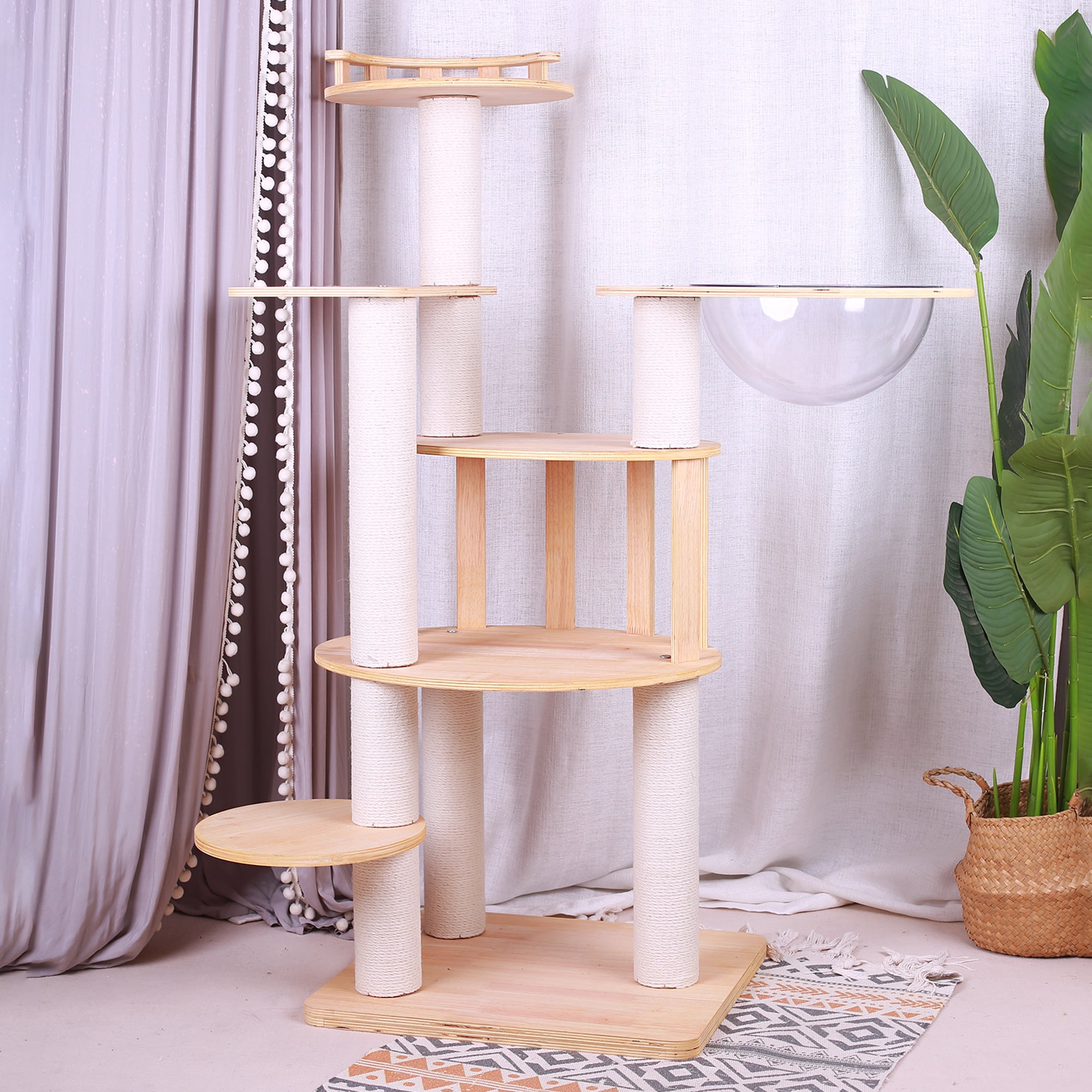 Pefilos 46" Modern Wooden Cat Tree Tower for Indoor Cats, Multi-Level Sturdy Cat Tree Play House Condo with Space Capsule, Beige Pefilos 46" Modern Wooden Cat Tree Tower for Indoor Cats, Multi-Level Sturdy Cat Tree Play House Condo with Space Capsule, Beige