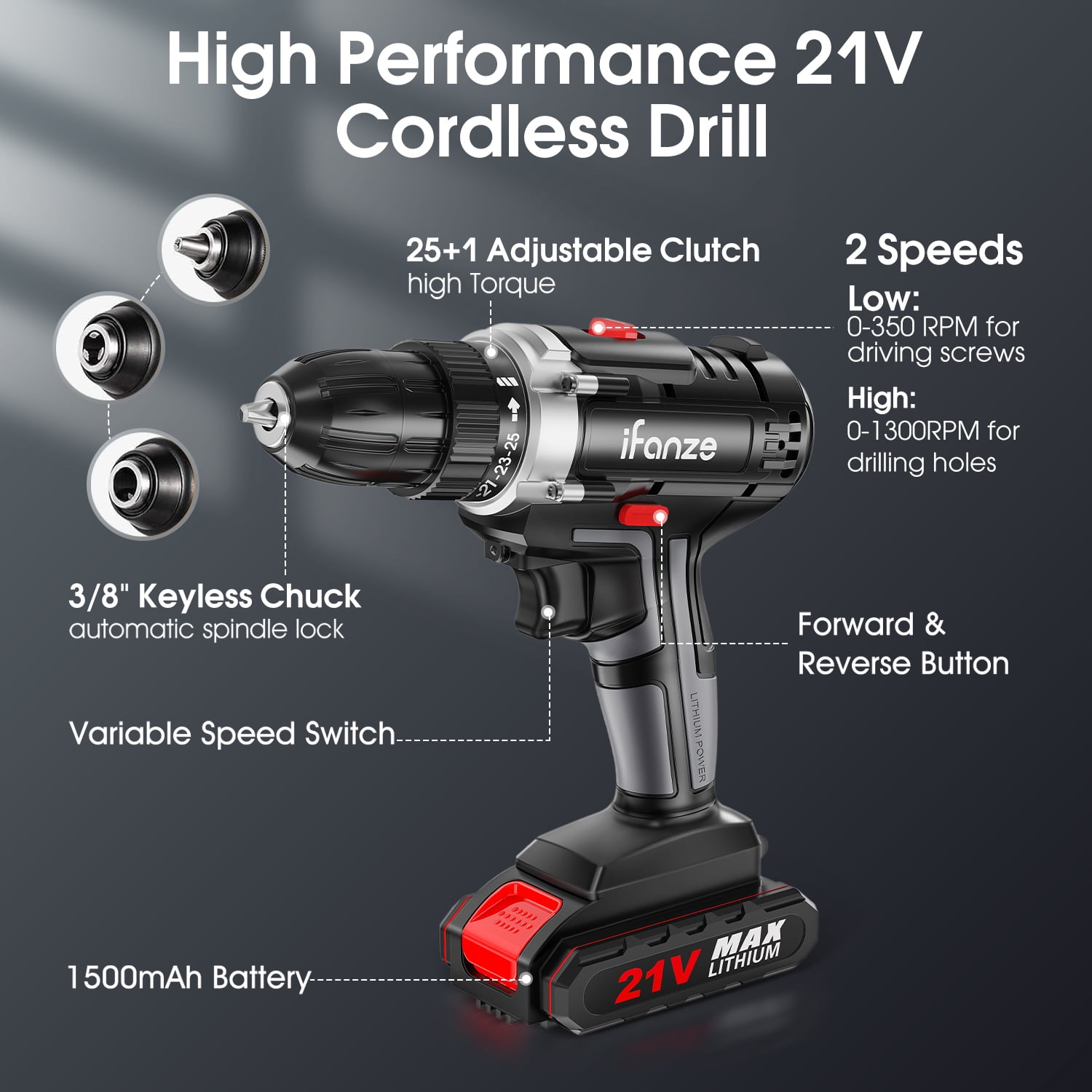 Qunler 21V Cordless Drill, Power Drill Driver Set with 2 Batteries, 3/8"Keyless Chuck, 25+1 Position, 2 Variable Speed, Built-in LED for Drilling and Screw Driving