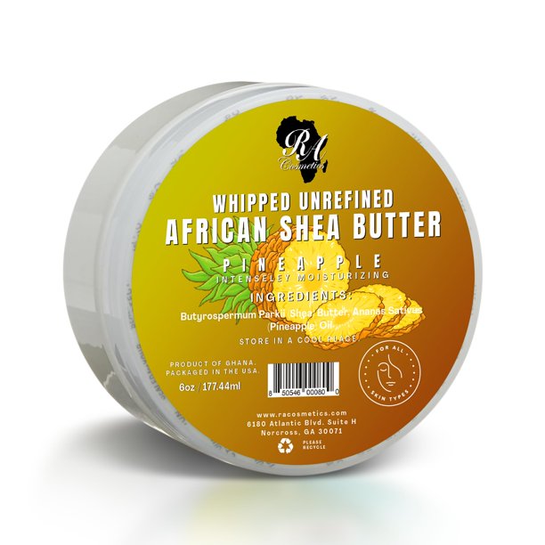 RA COSMETICS Piña de manteca de karité batida - 6 oz | Manteca de karité africana pura y natural para hombres y mujeres: humectante artesanal definitivo con vitaminas esenciales para una piel radian