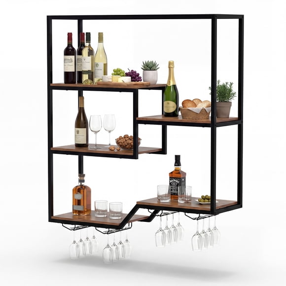 Patiojoy Wall Mounted Wine Rack 6 Tier Bar Liquor Shelves with Wine Glass Holders & Heavy-Duty Metal Frame
