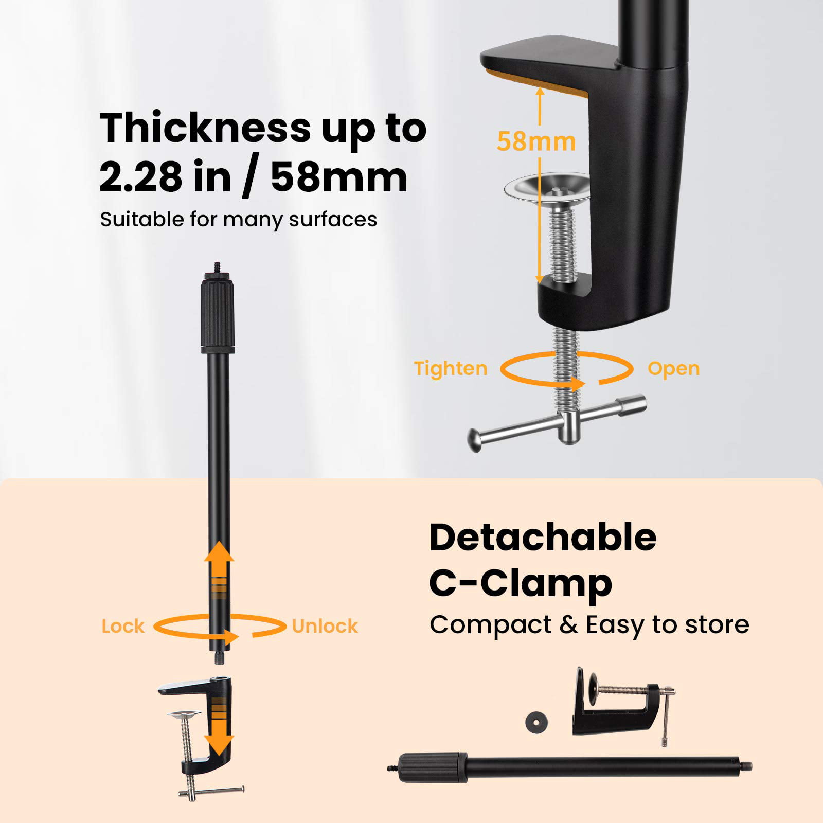 TARION Desktop Light Stand with 1/4 3/8 Screws for Ring Light Tabletop Mount L Shape Clip Stand Adjustable 14-25in/35-64cm for Live Streaming Photograpghy Videograpghy Film Shooting Virtual Meetings 